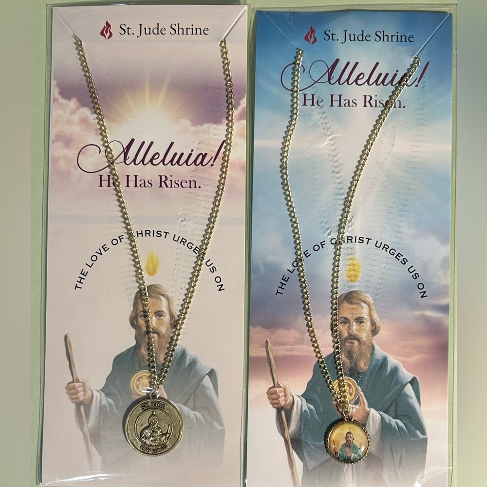 (2) St. Jude Medal necklaces -1 gold tone metal,1 Enameled w/gold tone chains
